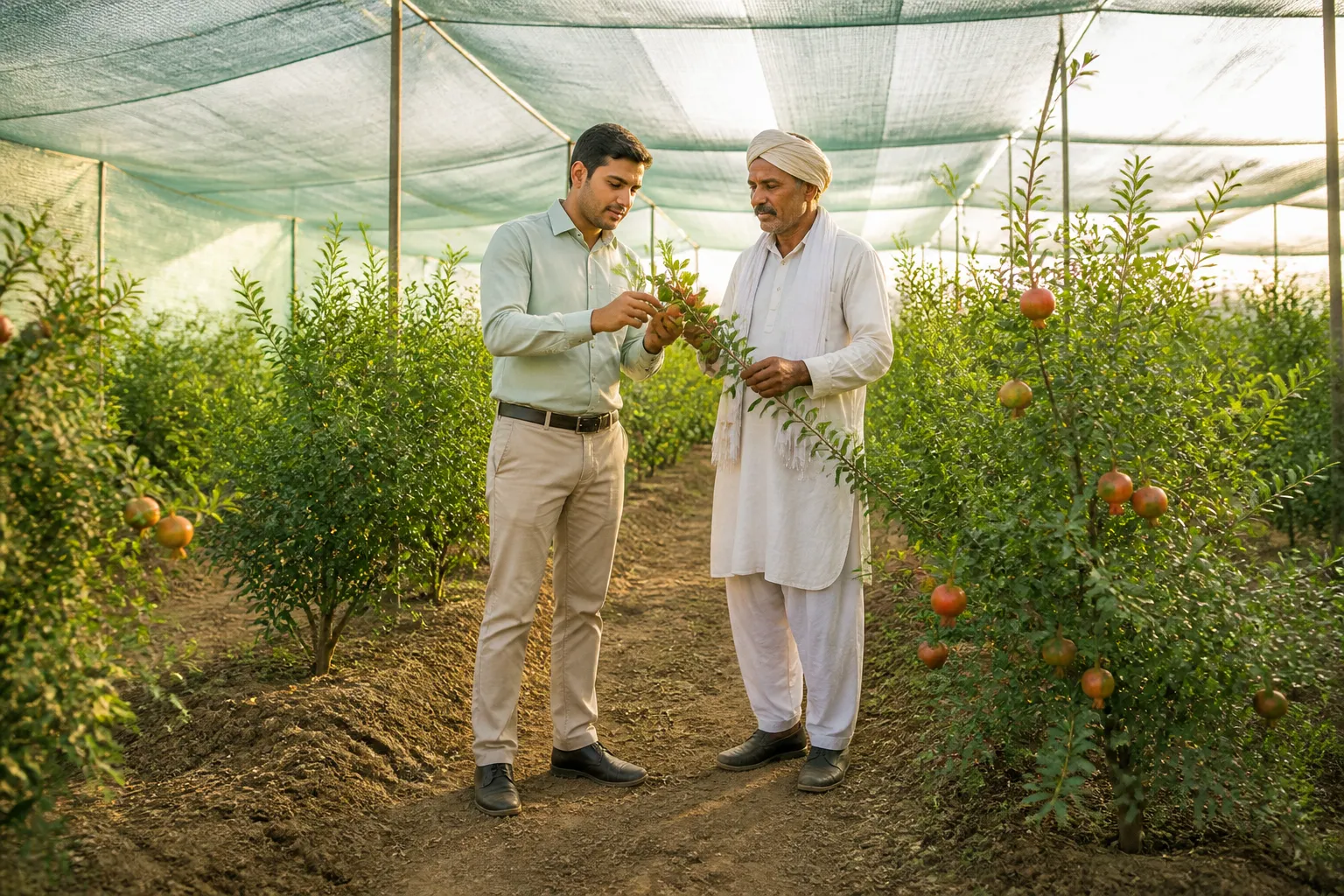 Soham Greens agronomist and farmer discussing crop inside a shadenet house